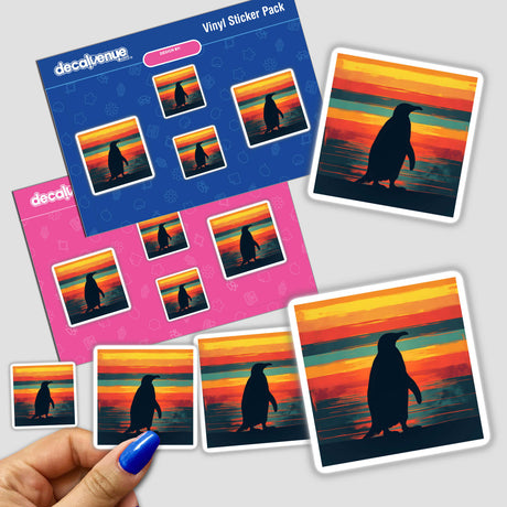 Penguin Silhouette with Bold Horizontal Stripes sticker, showcasing a penguin silhouette on a detailed, striped background. Perfect for unique decoration or digital art enthusiasts.