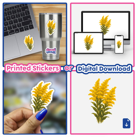 Kentucky Nebraska State Flower Sticker or Clipart features a detailed Goldenrod Blossom, available as vinyl sticker or digital artwork, embodying Decal Venue's unique artistic style.