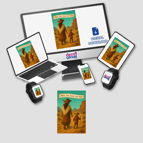 Boho Western Mother’s Day Sticker and Clipart, Turquoise Trailblazer, featuring a digital artwork of a cowboy, woman, and child, available as stickers or digital art at Decal Venue.