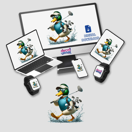Sporty Mallard Duck Going Golfing depicted on devices, showcasing a cartoon duck in golf attire with a club, available as stickers or digital artwork from Decal Venue.