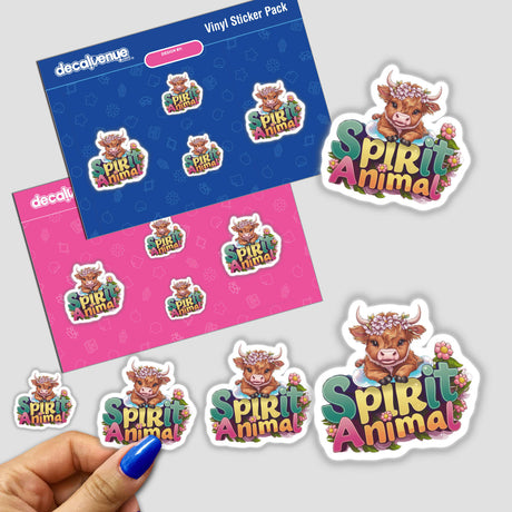 Colorful digital stickers featuring a playful Spirit Animal Highland Cow character, displayed on a Decal Venue product packaging.