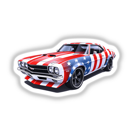 A Cool American Flag Muscle Car sticker or digital artwork, showcasing stars and stripes on the vehicle, highlighting a patriotic design perfect for fans of unique vinyl decals.
