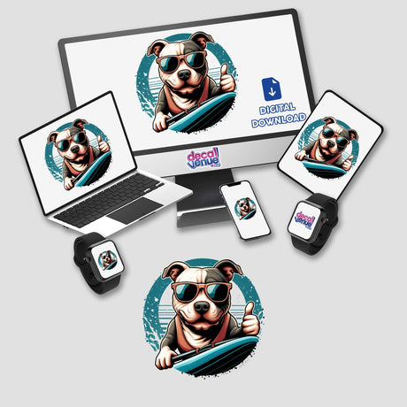 Retro Surfing Thumbs Up Pitbull featured on a laptop screen, showing a cartoon pitbull wearing sunglasses and holding a surfboard, available as stickers or digital artwork from Decal Venue.