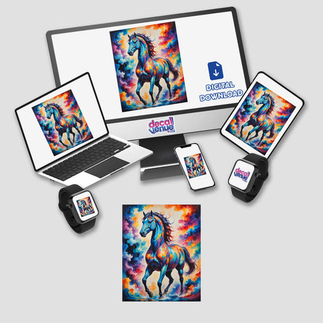 A Beautiful Magical Horse artwork displayed on a computer monitor and laptop, available as stickers or digital art, epitomizing Decal Venue's unique vinyl sticker and digital art collection.