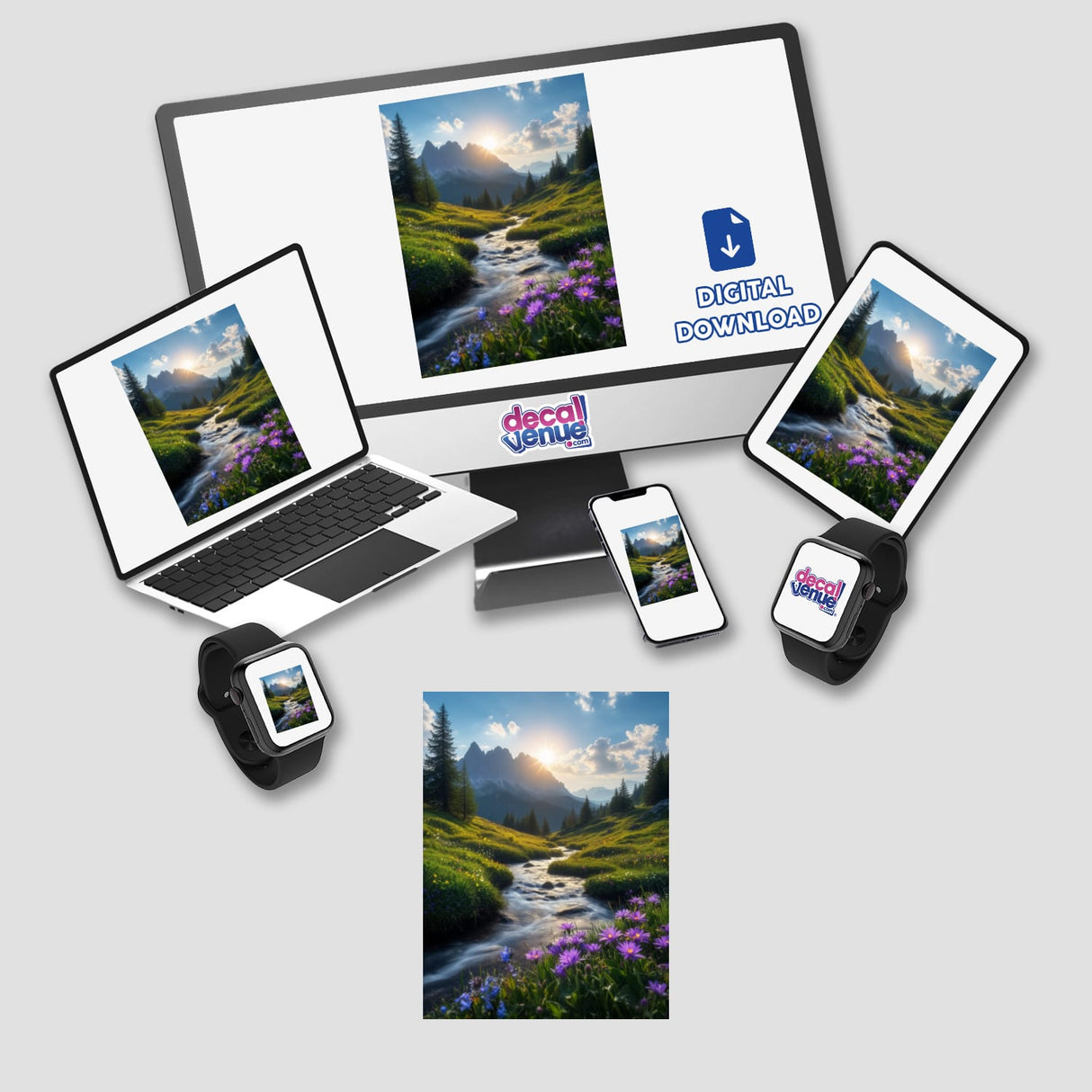 Digital artwork featuring Mountain Stream at Sunrise with Wildflowers and Rolling Meadows displayed on a computer monitor and laptop screen, highlighting the serene river landscape.