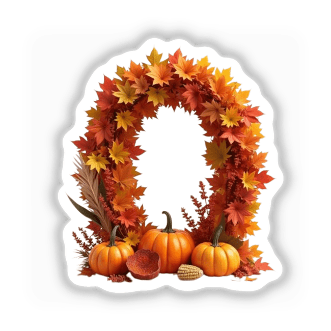 Thanksgiving Letter O Clipart - Fall Leaves and Pumpkins Design, featuring a wreath of pumpkins, corn, and flowers. Available as unique stickers or for commercial use download.