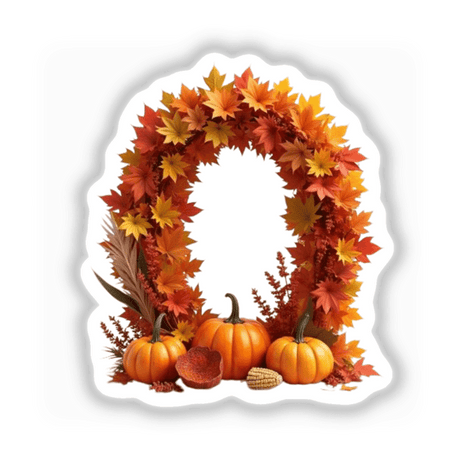 Thanksgiving Letter O Clipart - Fall Leaves and Pumpkins Design, featuring a wreath of pumpkins, corn, and flowers. Available as unique stickers or for commercial use download.