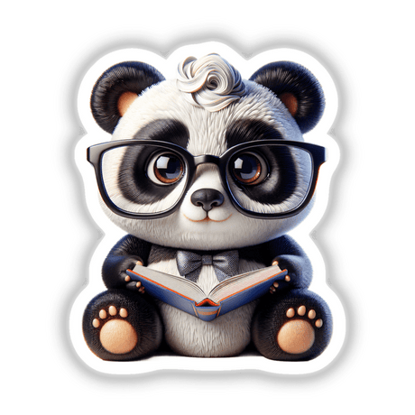 Cute Panda With Reading Glasses Open Book: A cartoon panda wearing reading glasses holds an open book, ideal as unique stickers or digital artwork from Decal Venue.