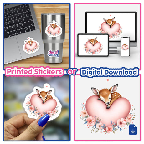 Sleeping Deer on a Heart sticker collage featuring a whimsical deer design, perfect for adding charm to laptops and personal items.