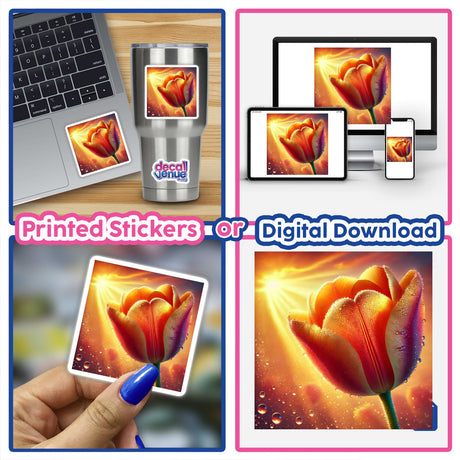 Collage featuring Tangerine Tulip with Dewy Glow stickers and digital artwork, including close-ups of the tulip on a laptop, a mug, a phone screen, and in a person's hand.