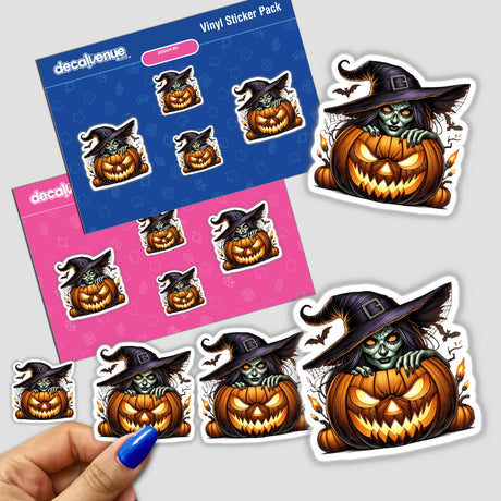 Assortment of Halloween-themed vinyl stickers featuring pumpkin jack-o'-lanterns, witches, and bats, displayed on packaging from Decal Venue, an online store that offers unique stickers and digital art.