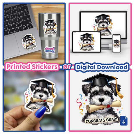 Cute Schnauzer Graduation Dog with Cap and Diploma sticker, featuring a joyful dog in a cap holding a diploma, perfect for celebrating graduates. Available as vinyl stickers or digital artwork.