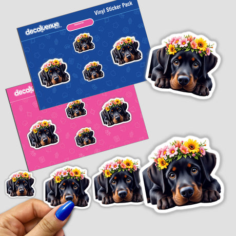 Charming Labrador Retriever Wearing a Floral Crown sticker, portraying a whimsical dog adorned with flowers, perfect for pet lovers and decor enthusiasts seeking playful, high-quality designs from Decal Venue.