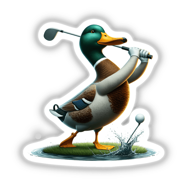 Mallard Duck Hitting Golf Ball sticker or digital artwork featuring a cartoon duck with a golf club, standing on grass, aiming at a close-up golf ball.