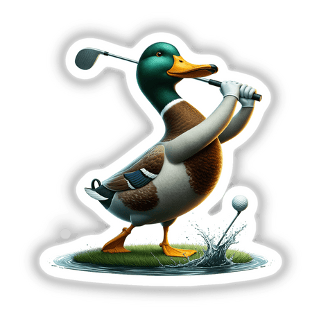 Mallard Duck Hitting Golf Ball sticker or digital artwork featuring a cartoon duck with a golf club, standing on grass, aiming at a close-up golf ball.