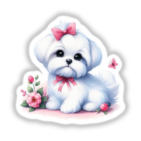Maltese Dog with Pink Flowers
