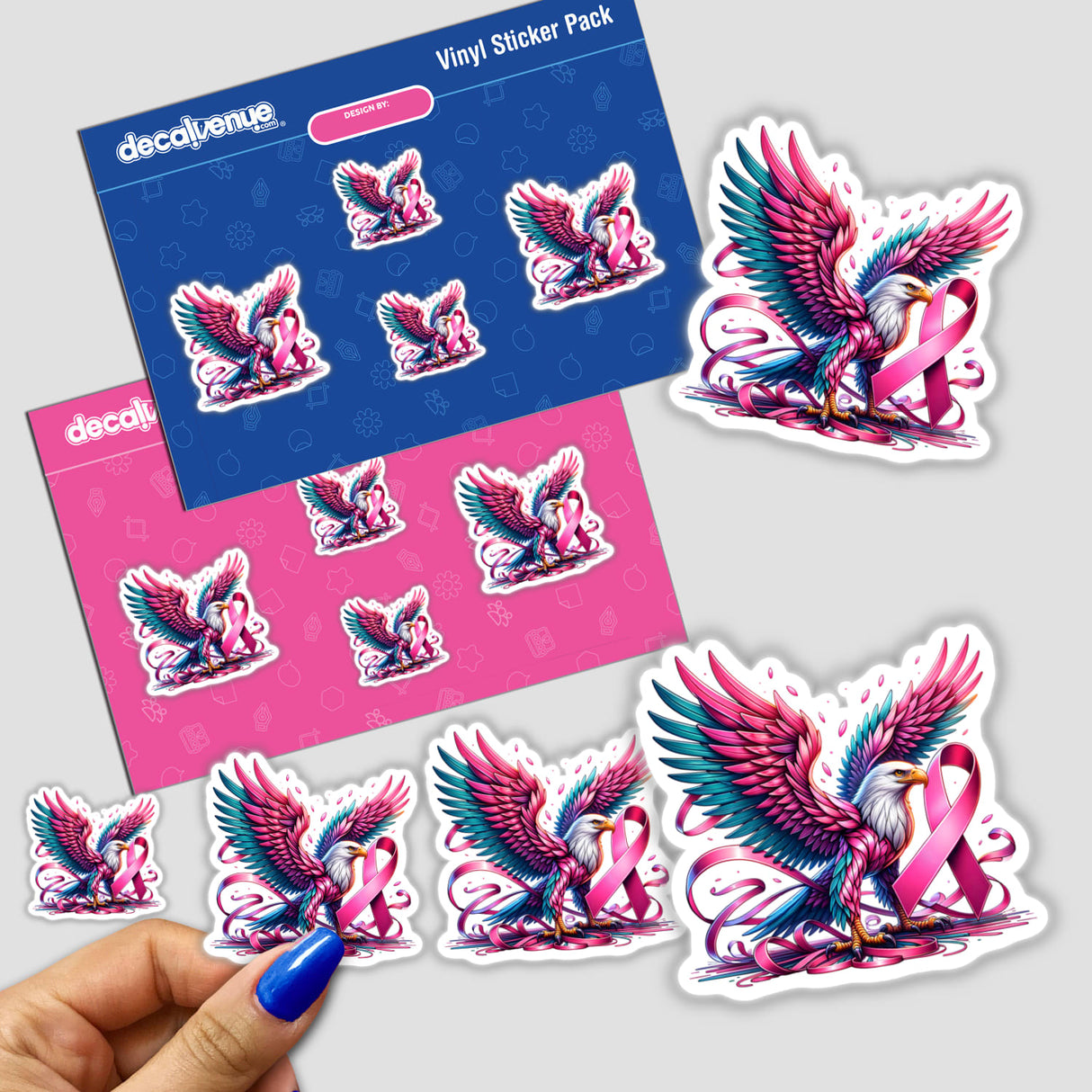 Majestic Eagle Pink Ribbon Breast Cancer Awareness sticker, featuring a cartoon eagle with a pink ribbon, held by a hand. Available as stickers or digital artwork from Decal Venue.