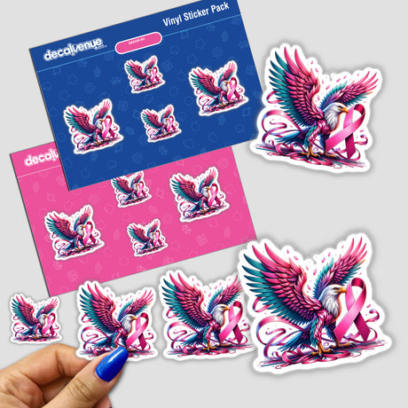 Majestic Eagle Pink Ribbon Breast Cancer Awareness sticker, featuring a cartoon eagle with a pink ribbon, held by a hand. Available as stickers or digital artwork from Decal Venue.