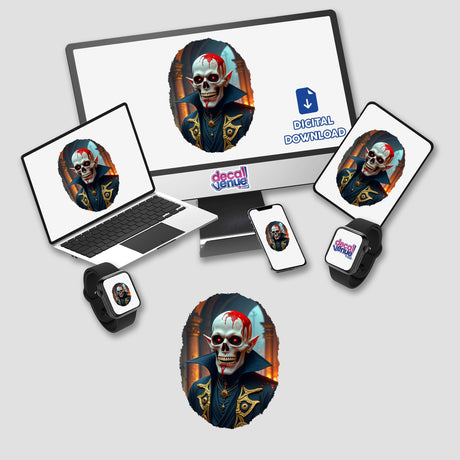 Demon Of The Underworld digital artwork featuring a skeleton on a computer monitor and laptop screen, available as unique stickers or digital art from Decal Venue.