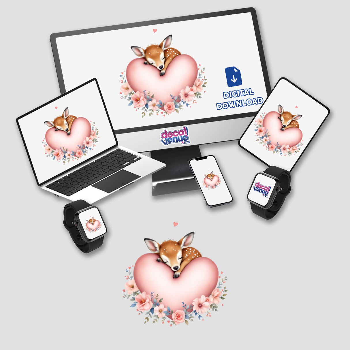 Sleeping Deer on a Heart: A whimsical sticker or digital artwork depicting a serene deer nestled on a heart, embodying tranquility and creativity, perfect for personalizing belongings or digital spaces.
