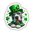 Sitting Pretty Irish Clovers Pitbull Leprechaun: A cartoon Pitbull wearing a green hat with a brown buckle, available as stickers or digital artwork from Decal Venue.