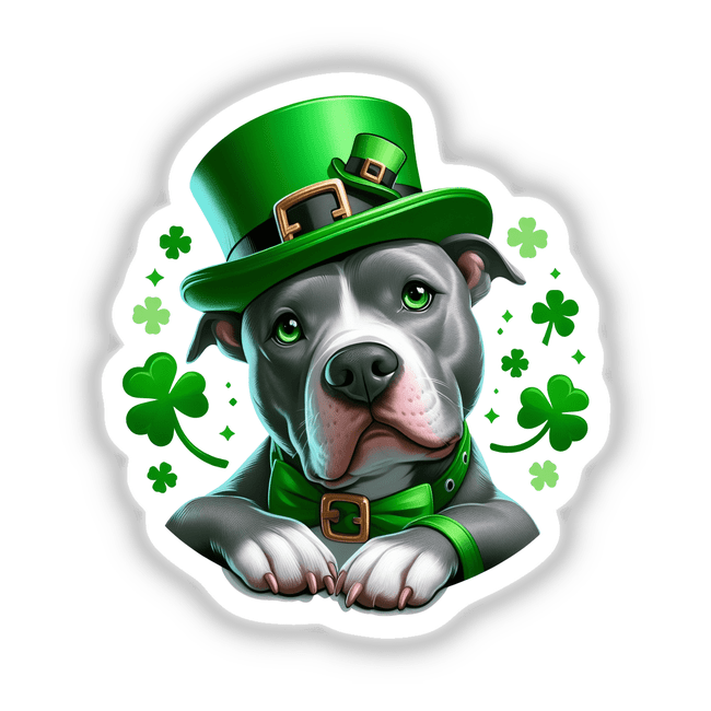 Sitting Pretty Irish Clovers Pitbull Leprechaun: A cartoon Pitbull wearing a green hat with a brown buckle, available as stickers or digital artwork from Decal Venue.