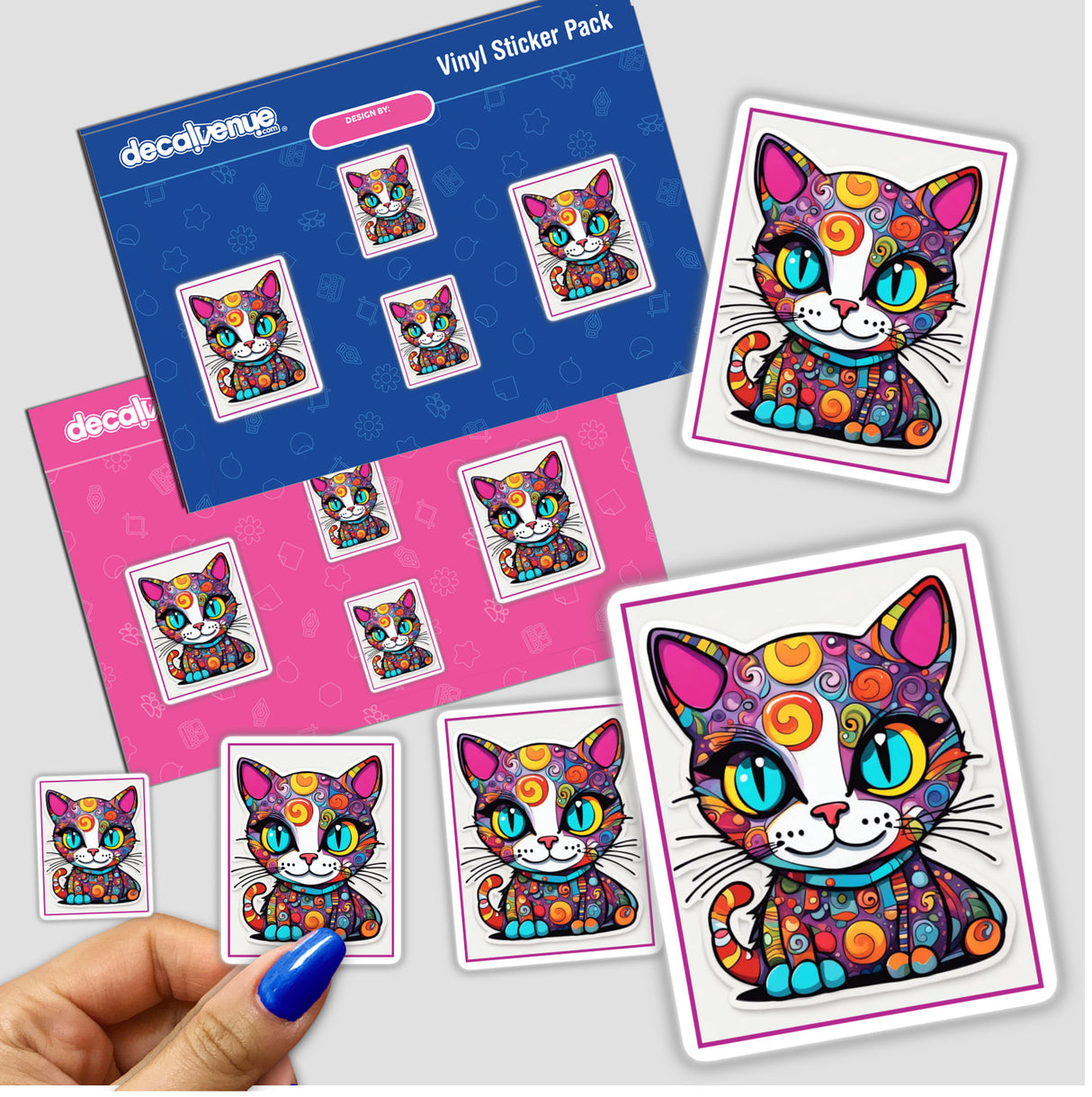 Fat Cat Of Many Colors sticker pack, featuring a whimsical cat design with swirls and dots. Perfect for unique decoration, available as stickers or digital artwork from Decal Venue.