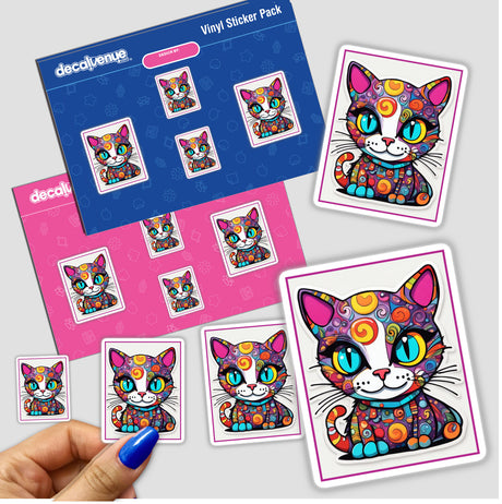 Fat Cat Of Many Colors sticker pack, featuring a whimsical cat design with swirls and dots. Perfect for unique decoration, available as stickers or digital artwork from Decal Venue.