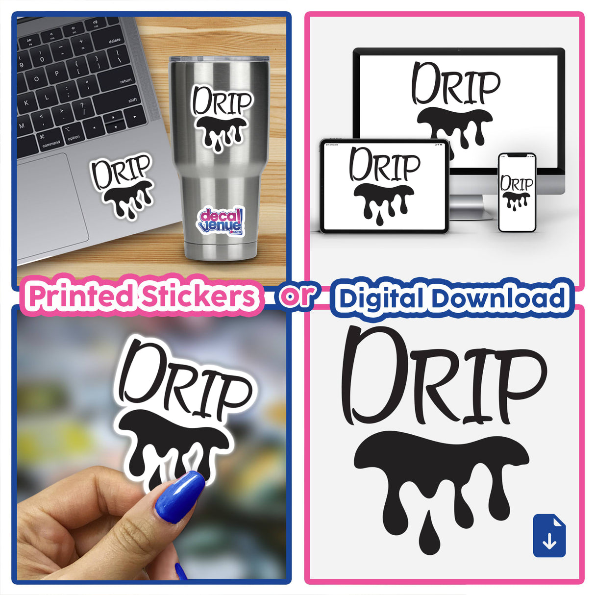 Drip -in black sticker featuring artistic liquid flow design, on a laptop, exemplifying Decal Venue's unique sticker collection. Available as a sticker or digital artwork.