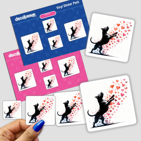 Playful black cat silhouette surrounded by floating heart-shaped decals, making up a set of vibrant digital stickers or artwork featured on a Decal Venue product packaging.