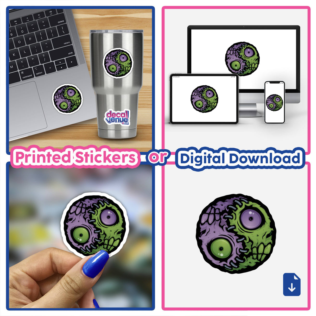 Zombie Yin-Yang sticker displayed on a laptop, featured among other stickers, emphasizing its unique design. Available in both sticker packs and as single stickers from Decal Venue.