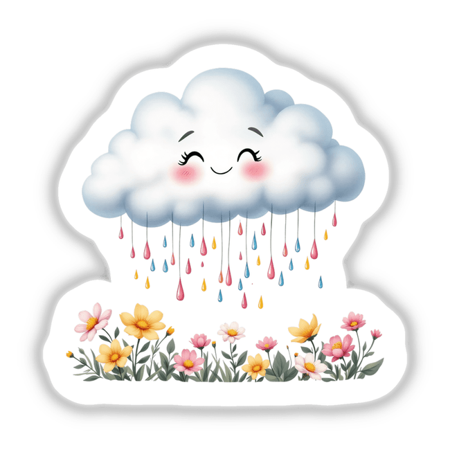Cute Spring Rain Clouds with Colorful Droplets featuring cartoon clouds and flowers, ideal as stickers or digital art to add a playful touch to planners or digital projects.