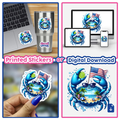 Blue Crab Island Shell - Vibrant digital artwork depicting a colorful crab with a patriotic American flag, surrounded by a tropical beach scene and ocean elements. The product image shows the artwork displayed on various merchandise like a laptop, mobile device, and as a sticker.