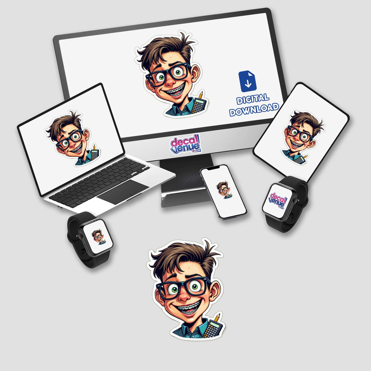 Nerd Celular stickers or digital artwork featuring cartoon faces on various devices, including a laptop, monitor, smartphone, and smartwatch.