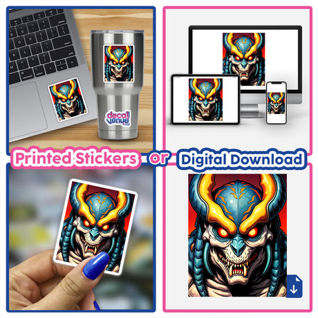 Collage featuring A Cool Alien Predator Soldier sticker on a laptop, showcasing a cartoon monster design, available as vinyl stickers or digital artwork from Decal Venue.