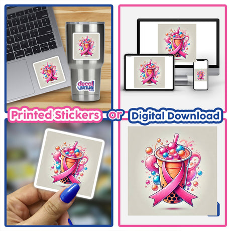 Collage featuring Boba Tea Pink Ribbon Breast Cancer Awareness stickers and digital artwork, with images of a laptop and a close-up of a hand holding a sticker.