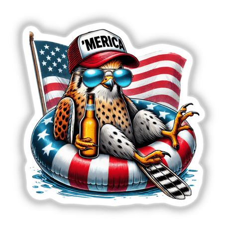 Kestral Bird American Flag Float Merica: A cartoon owl wearing sunglasses and a hat, holding a beer, sitting on a float with an American flag. Available as stickers or digital artwork.