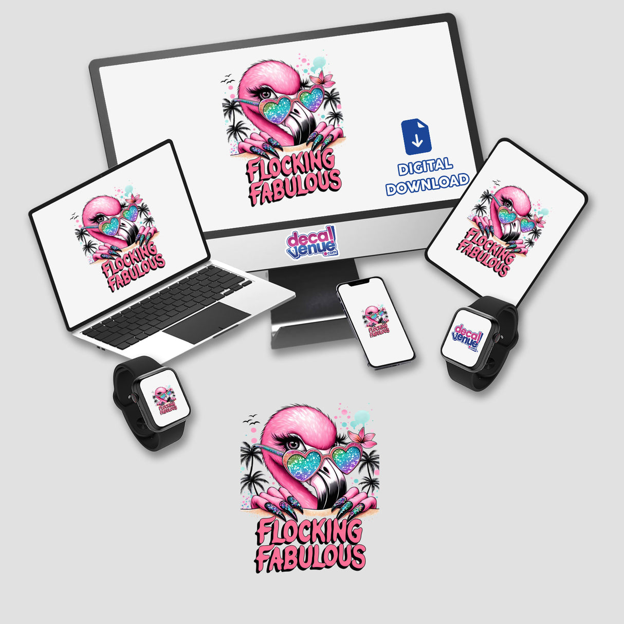 Prismatic flamingo with tropical flowers and digital download icon on various devices from Decal Venue store