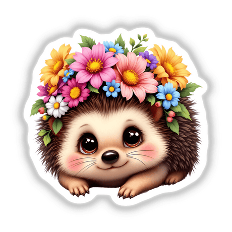 Cute Hedgehog with a Floral Crown features a charming cartoon hedgehog adorned with vibrant flowers, showcasing whimsical detail perfect for stickers or digital art from Decal Venue.