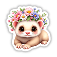 Cute Ferret with a Whimsical Flower Crown featuring a cartoon ferret adorned with vibrant flowers, available as stickers and digital art for personalization and decoration.