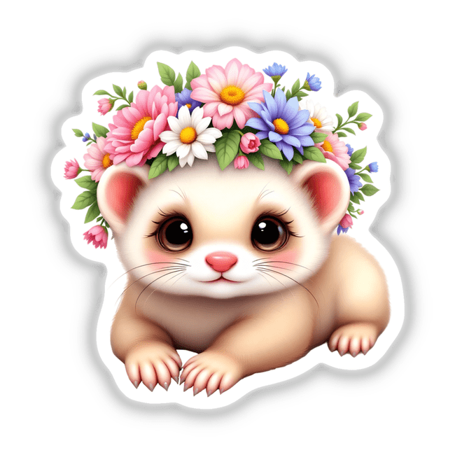 Cute Ferret with a Whimsical Flower Crown featuring a cartoon ferret adorned with vibrant flowers, available as stickers and digital art for personalization and decoration.