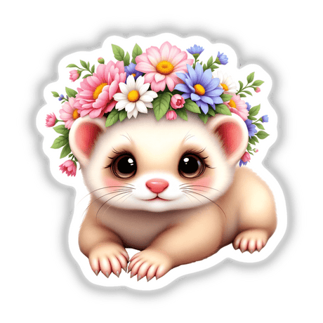 Cute Ferret with a Whimsical Flower Crown featuring a cartoon ferret adorned with vibrant flowers, available as stickers and digital art for personalization and decoration.