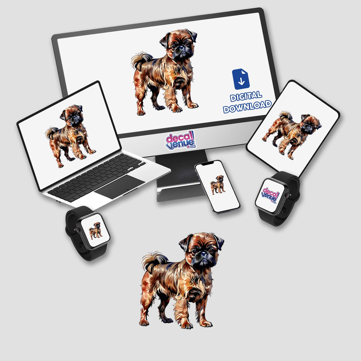 Brussels Griffon Dog Watercolor Clipart & Stickers – Commercial Rights, featuring a computer monitor and laptop displaying a dog's image, ideal for unique stickers and digital artwork.