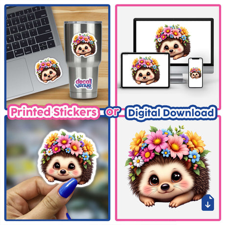 Cute Hedgehog with a Floral Crown: a charming cartoon hedgehog adorned with vibrant flowers, available as stickers and digital art, perfect for adding whimsy to your space.