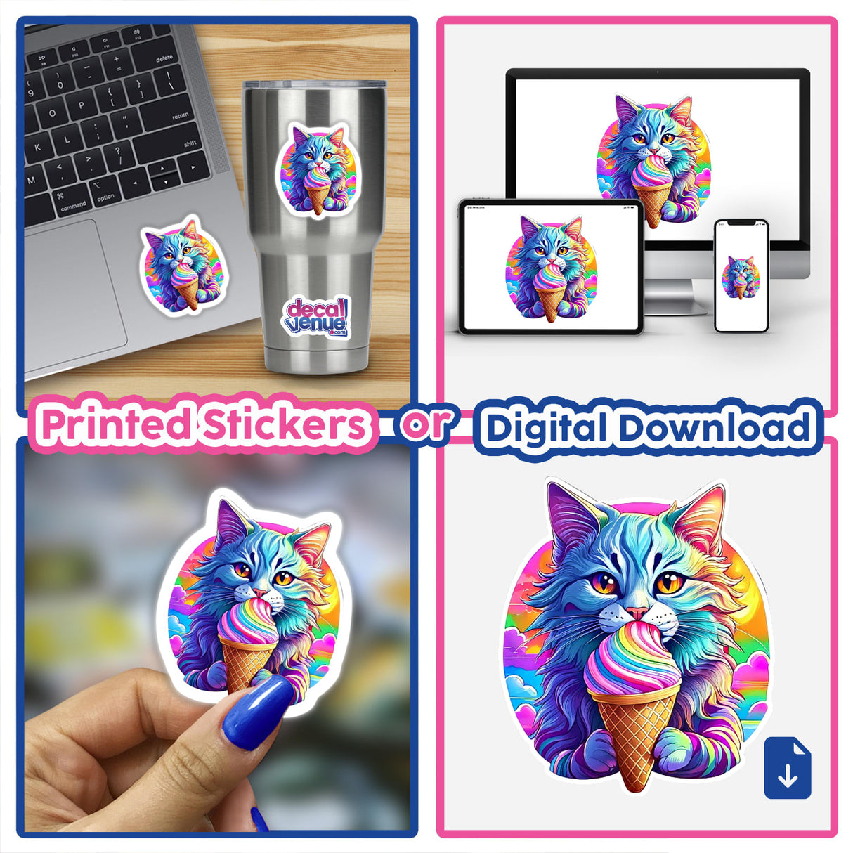 Colorful, vibrant cat graphic design featured on stickers, digital art, and various merchandise displayed across multiple screens and product mockups.