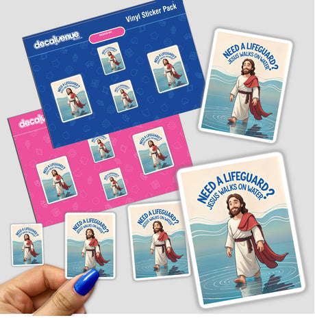 Need A Lifeguard? Jesus Walks On Water Funny Quote stickers depicting a cartoon man with a beard and cape, held in a hand, showcasing humorous religious-themed art available from Decal Venue.