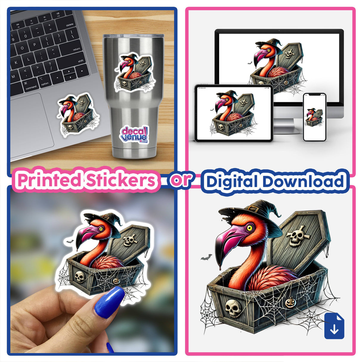 Colorful Halloween flamingo peeking out of a creepy coffin digital artwork, available as printed stickers or digital download from Decal Venue.