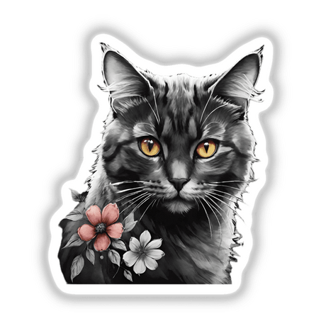 Cat Portrait Floral Accents PA09 featuring a cat with flowers on its head and chest, available as stickers or digital artwork.