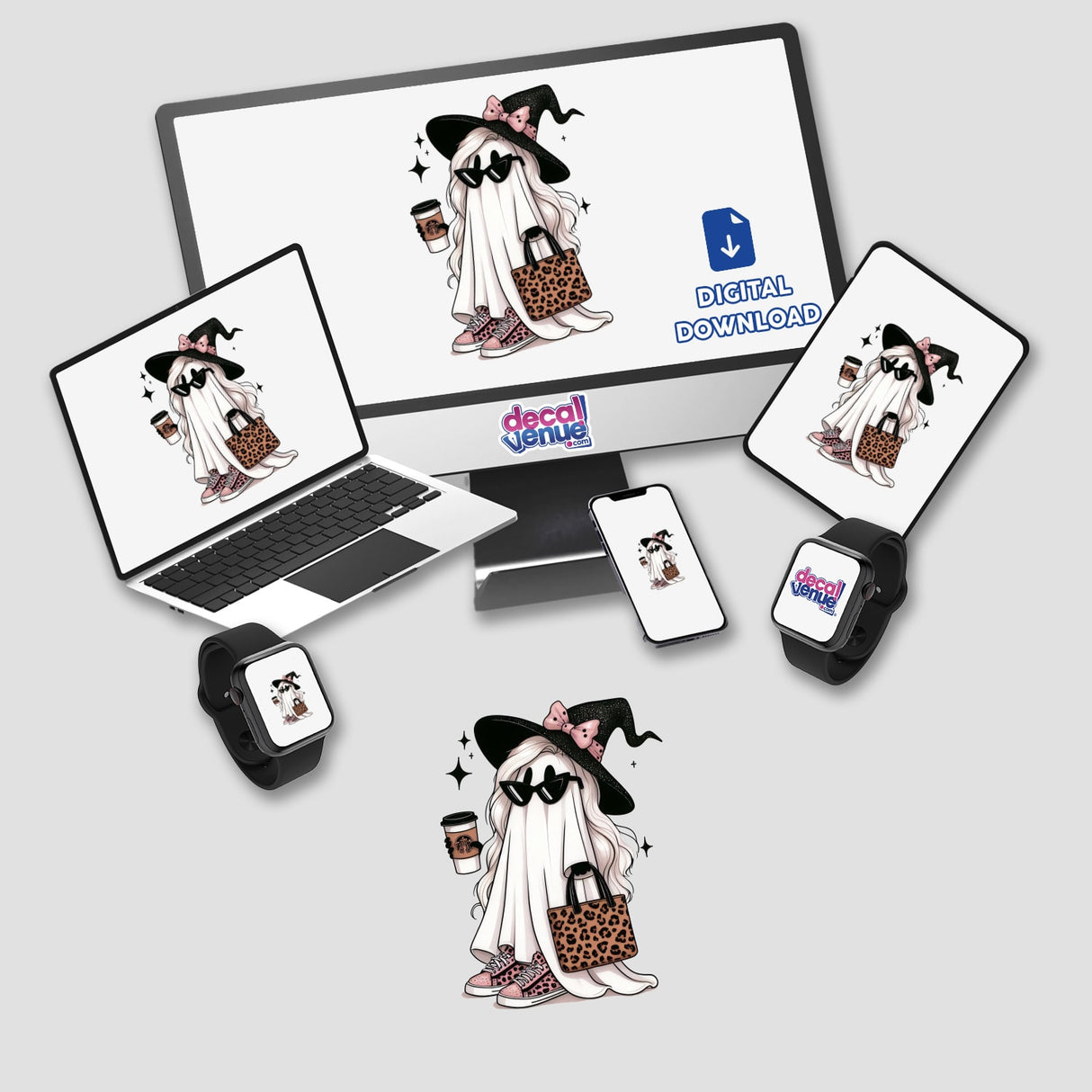 Boujee Ghost Leopard Tote and Sneakers II featuring cartoon ghosts on a computer monitor, laptop, and other devices. Available as stickers or digital artwork at Decal Venue.