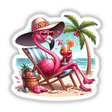 Flamingo Bird Beach Diva: A cartoon flamingo wearing a hat and sunglasses, lounging in a chair on a beach, holding a drink, available as stickers or digital artwork.